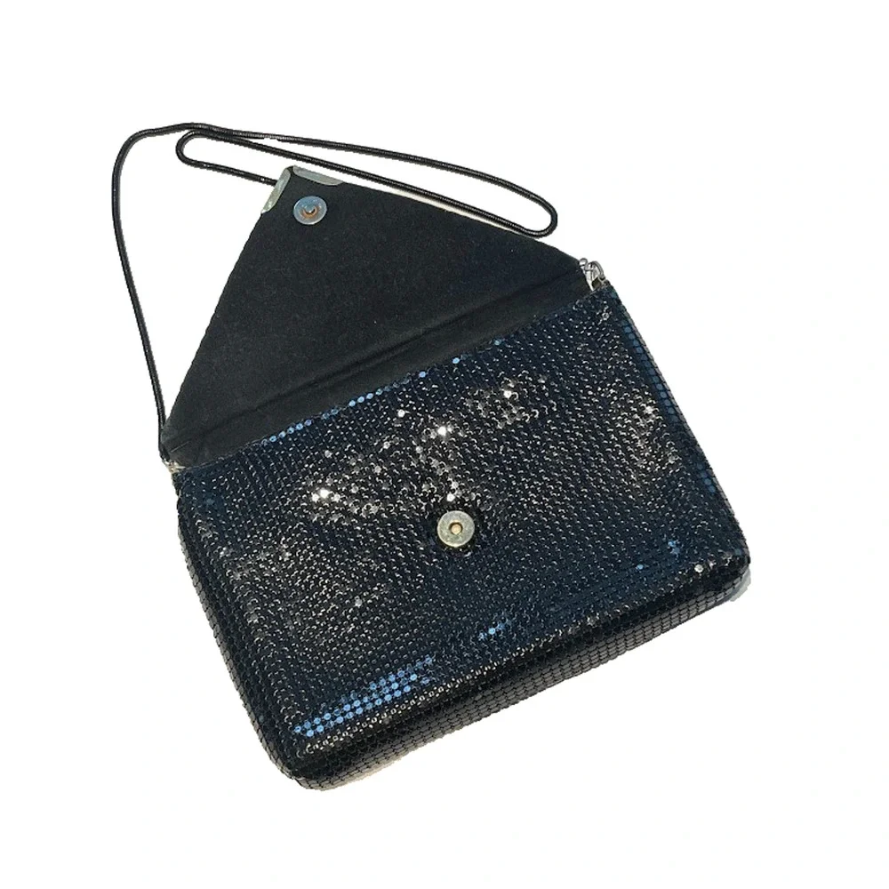 Vtg 1980s Black Metal Mesh Evening Bag Crossbody Envelope Clutch Purse